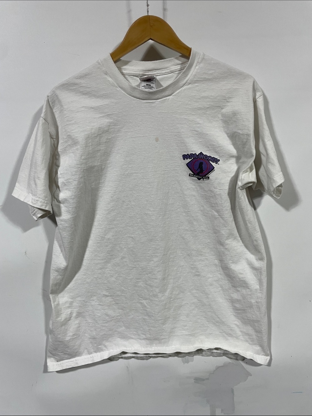 Vintage 90s papa woody rubbers co White Short-Sleeve Tee with Back Graphic